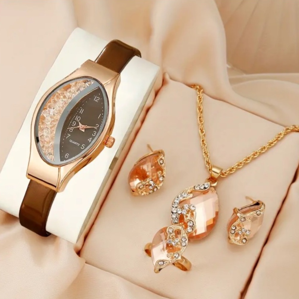 NWT! Beautiful Watch, Necklace, Earrings and Ring Set in Peach, Brown an…